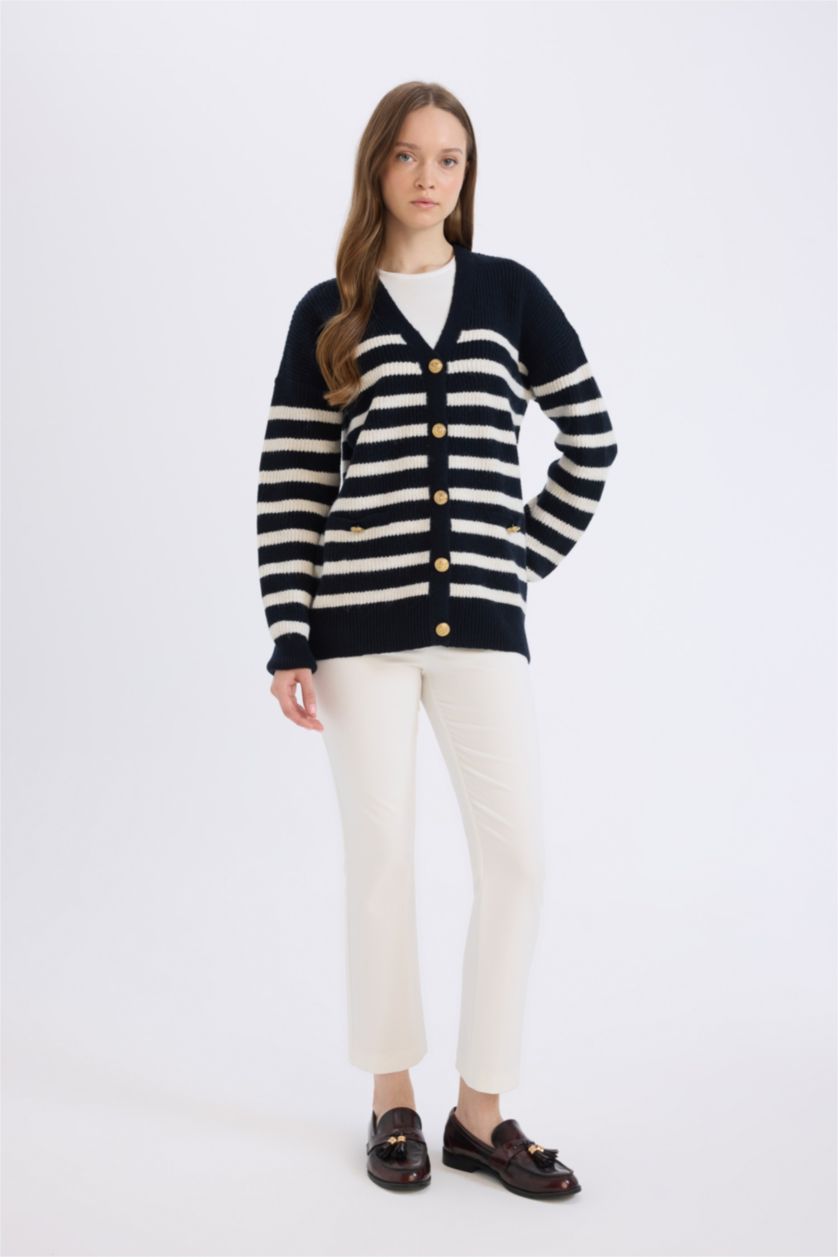 WOMAN NAVY Regular Fit V-Neck Striped Cardigan