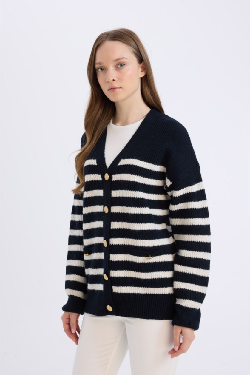 WOMAN NAVY Regular Fit V-Neck Striped Cardigan