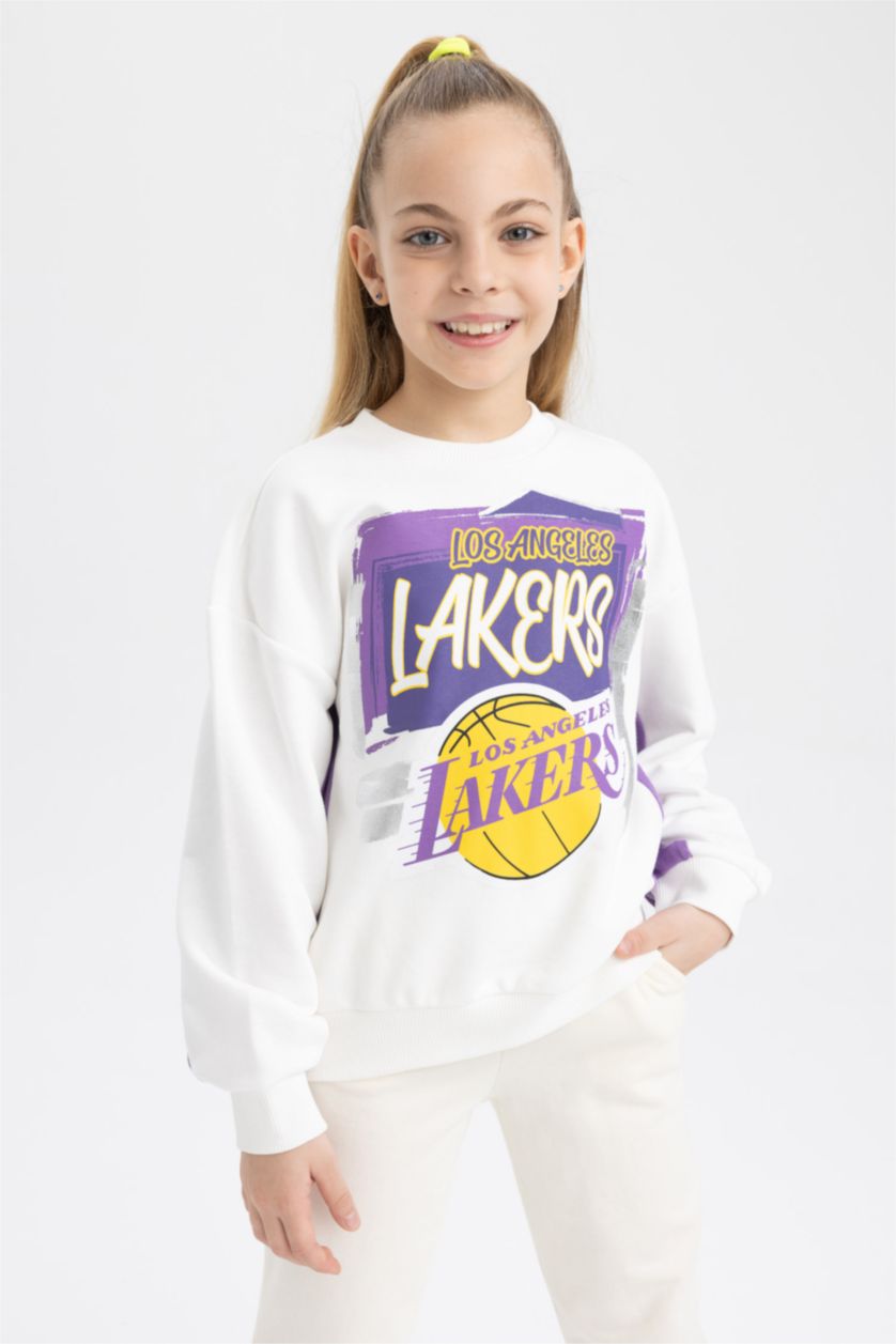 GIRLS & TEENS Ecru Girls NBA Los Angeles Lakers Regular Fit Crew Neck Sweatshirt