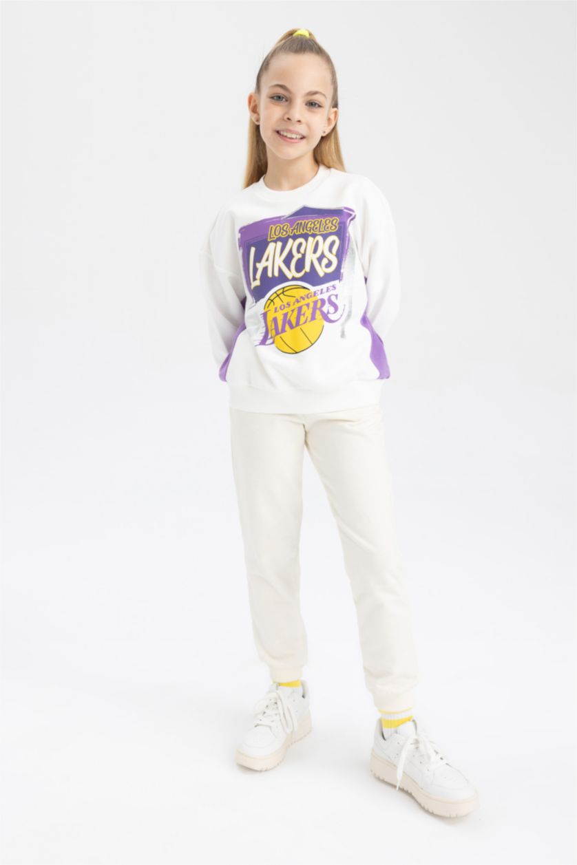 GIRLS & TEENS Ecru Girls NBA Los Angeles Lakers Regular Fit Crew Neck Sweatshirt
