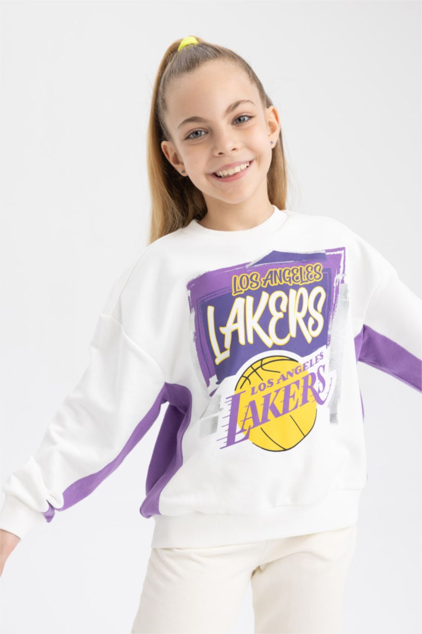 GIRLS & TEENS Ecru Girls NBA Los Angeles Lakers Regular Fit Crew Neck Sweatshirt