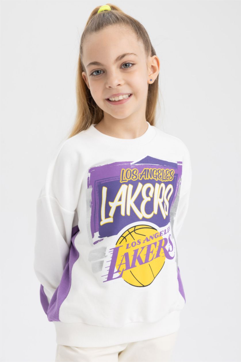 GIRLS & TEENS Ecru Girls NBA Los Angeles Lakers Regular Fit Crew Neck Sweatshirt