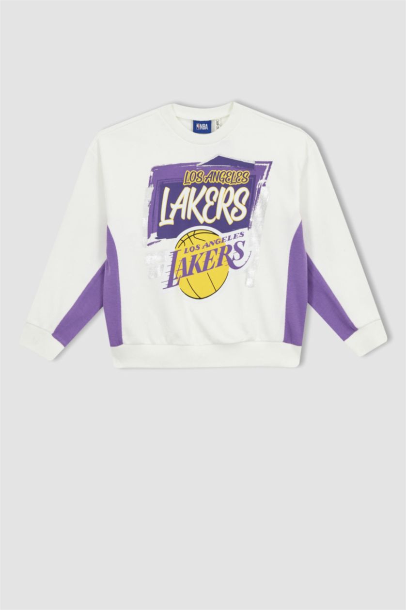 GIRLS & TEENS Ecru Girls NBA Los Angeles Lakers Regular Fit Crew Neck Sweatshirt