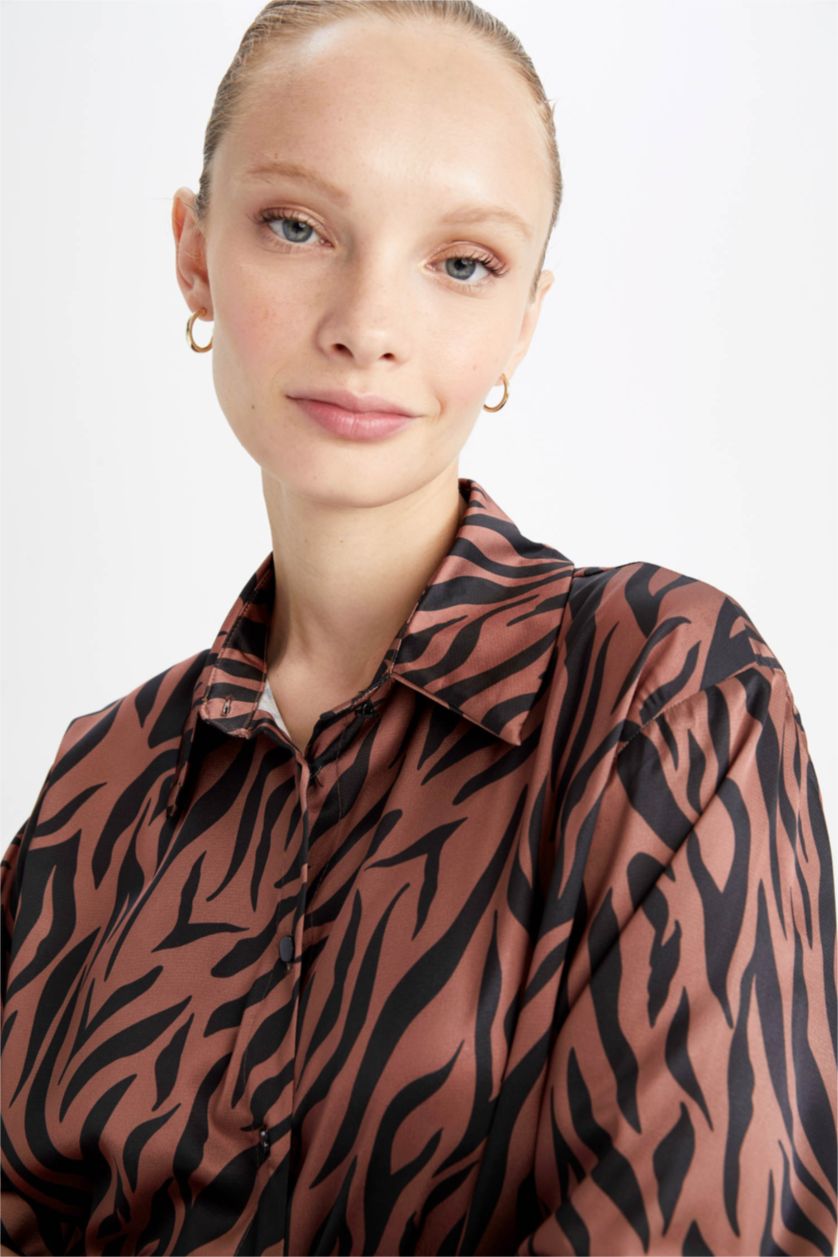 نساء بني Regular Fit Satin Long Sleeve Shirt