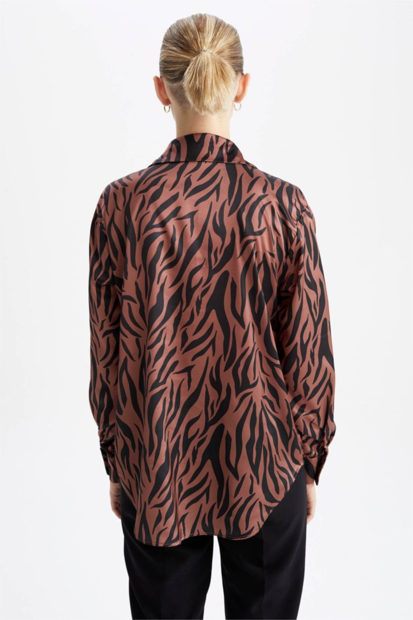 نساء بني Regular Fit Satin Long Sleeve Shirt