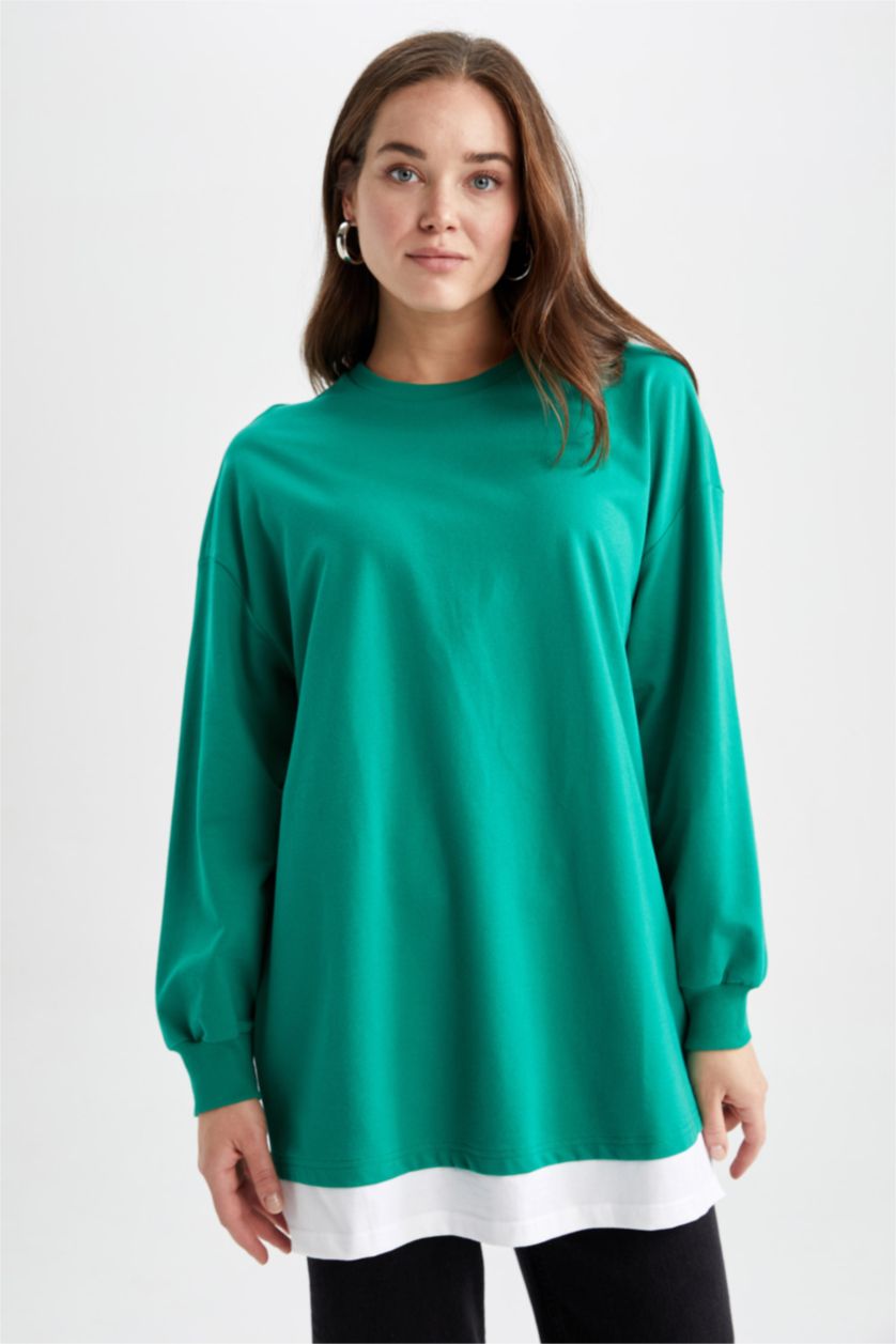 WOMAN Green Relax Fit Thin Sweatshirt Fabric Crew Neck Long Sleeve Tunic