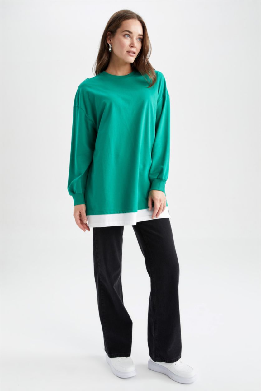 WOMAN Green Relax Fit Thin Sweatshirt Fabric Crew Neck Long Sleeve Tunic