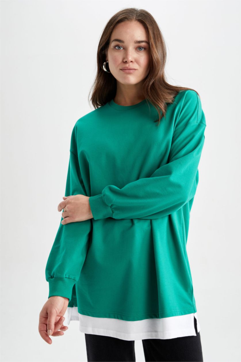 WOMAN Green Relax Fit Thin Sweatshirt Fabric Crew Neck Long Sleeve Tunic