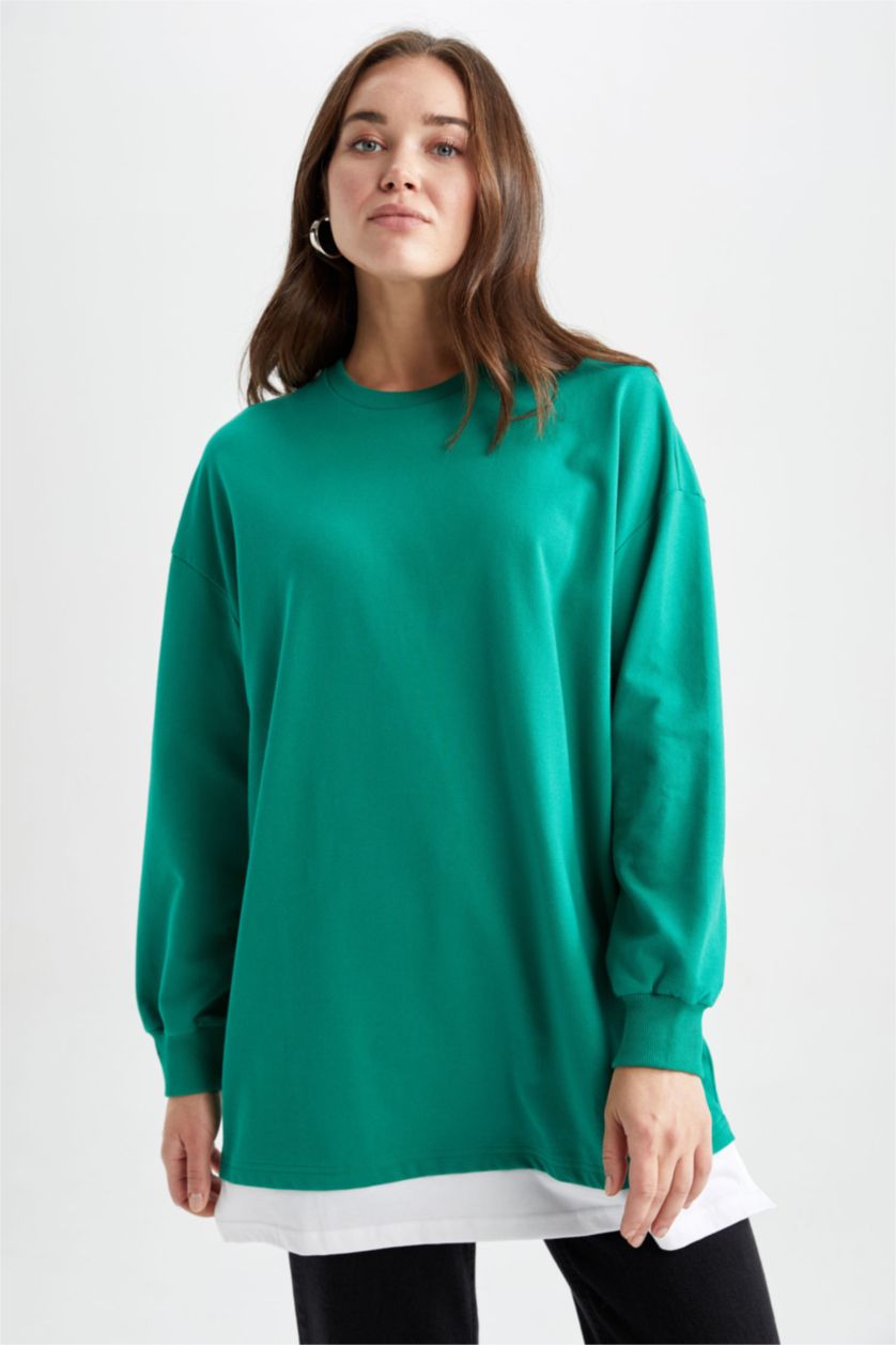 WOMAN Green Relax Fit Thin Sweatshirt Fabric Crew Neck Long Sleeve Tunic
