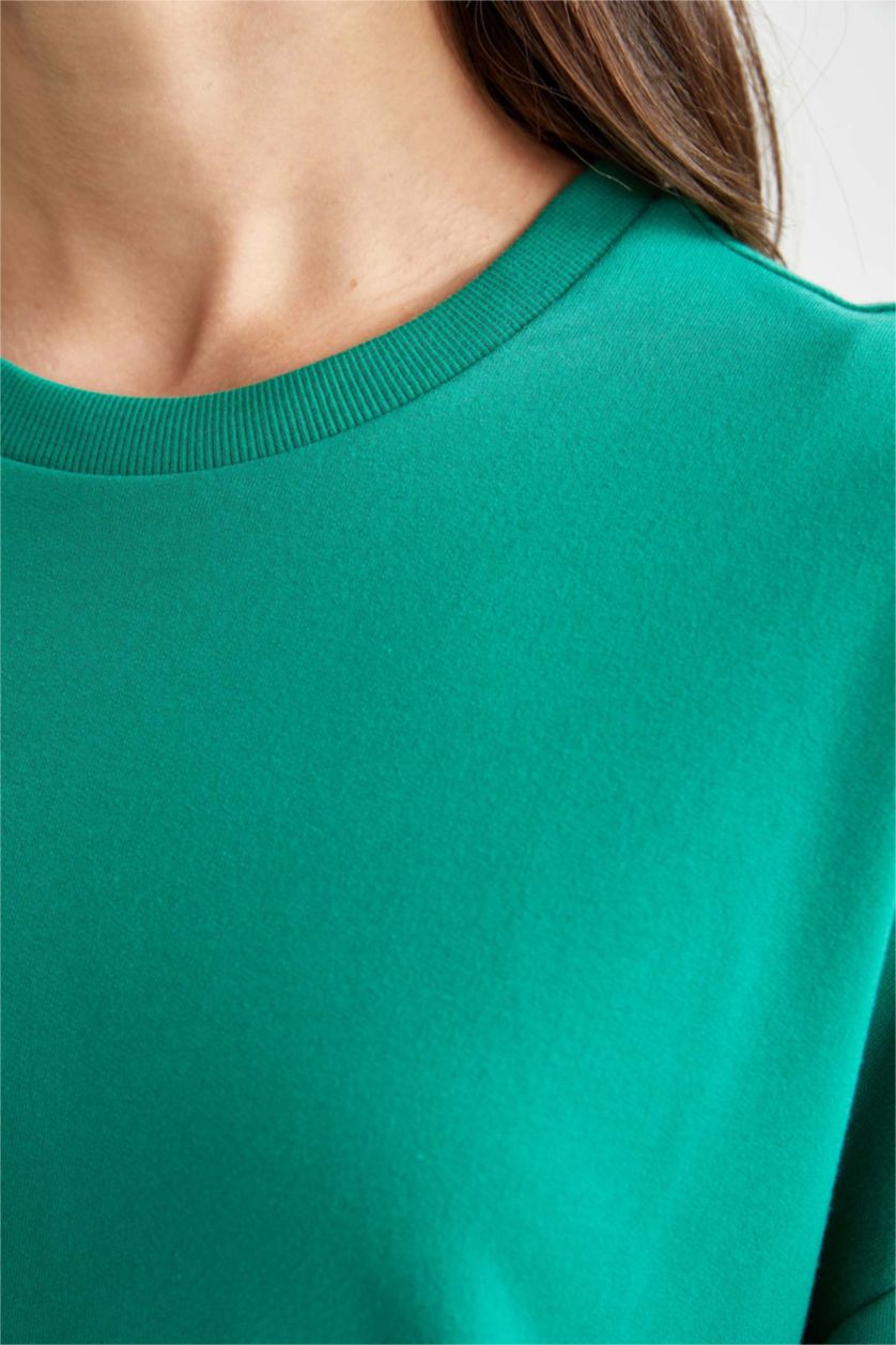 WOMAN Green Relax Fit Thin Sweatshirt Fabric Crew Neck Long Sleeve Tunic