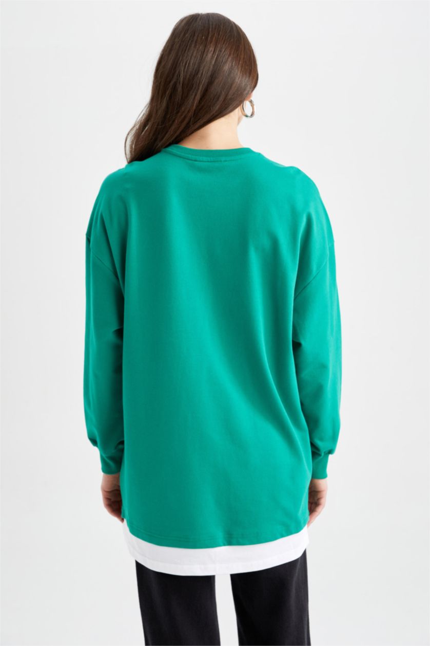 WOMAN Green Relax Fit Thin Sweatshirt Fabric Crew Neck Long Sleeve Tunic