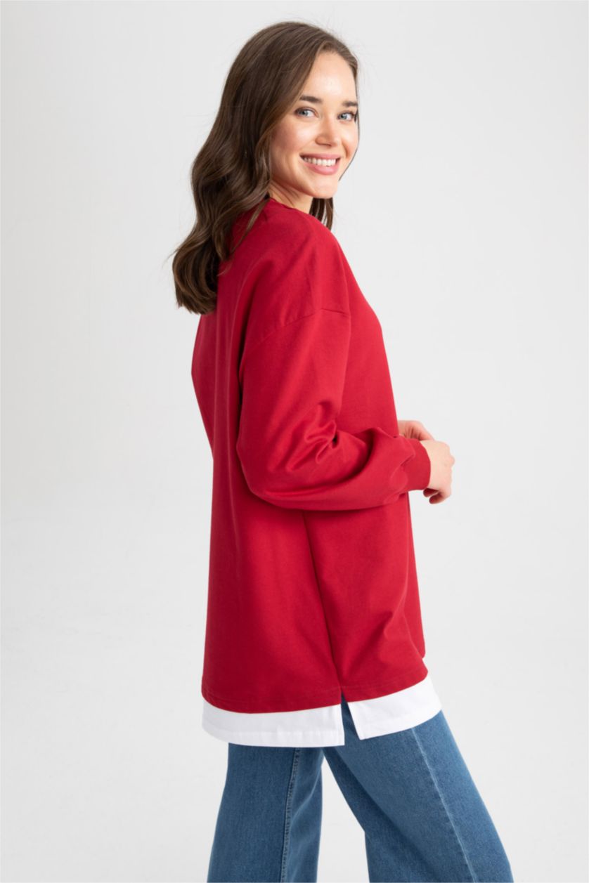 WOMAN Red Relax Fit Thin Sweatshirt Fabric Crew Neck Long Sleeve Tunic
