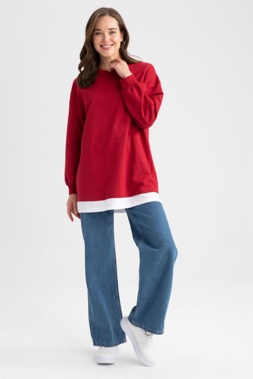 WOMAN Red Relax Fit Thin Sweatshirt Fabric Crew Neck Long Sleeve Tunic