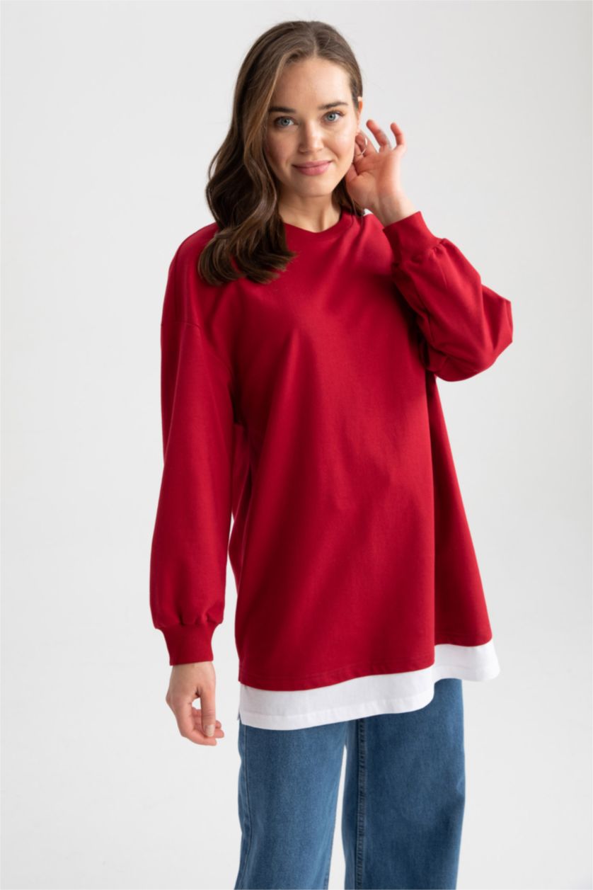 WOMAN Red Relax Fit Thin Sweatshirt Fabric Crew Neck Long Sleeve Tunic