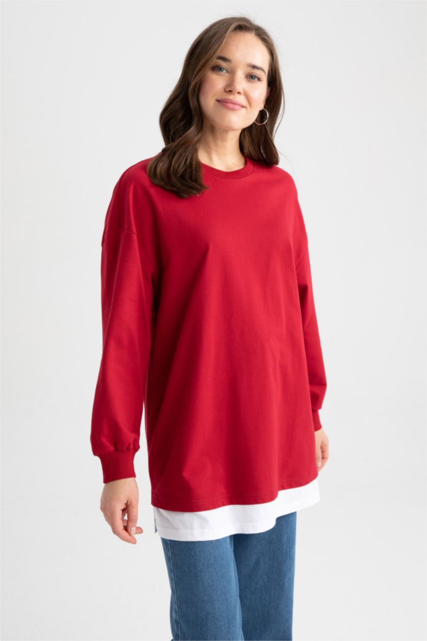 WOMAN Red Relax Fit Thin Sweatshirt Fabric Crew Neck Long Sleeve Tunic