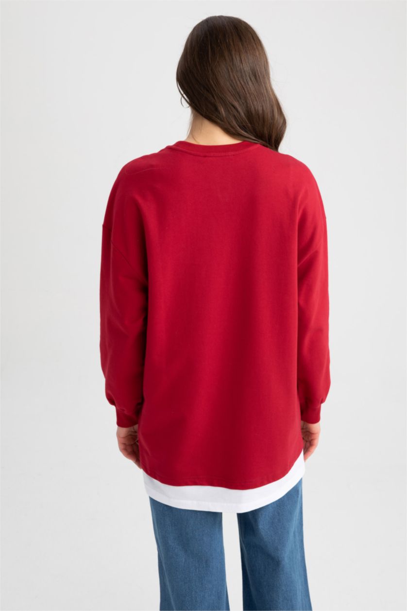 WOMAN Red Relax Fit Thin Sweatshirt Fabric Crew Neck Long Sleeve Tunic