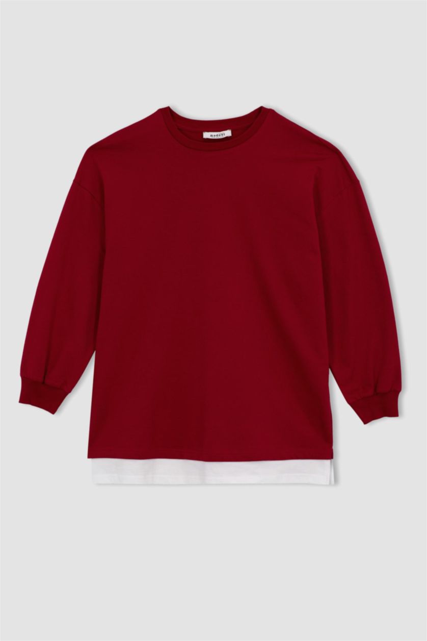 WOMAN Red Relax Fit Thin Sweatshirt Fabric Crew Neck Long Sleeve Tunic