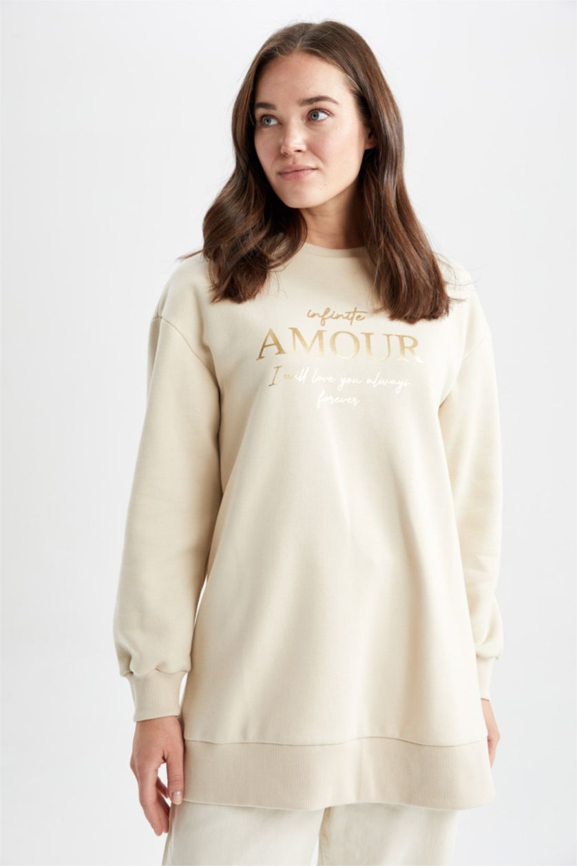 WOMAN Beige Relax Fit Crew Neck Slogan Long Sleeve Tunic