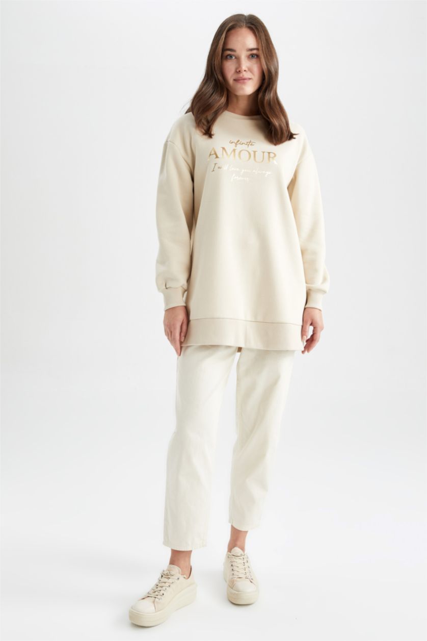 WOMAN Beige Relax Fit Crew Neck Slogan Long Sleeve Tunic