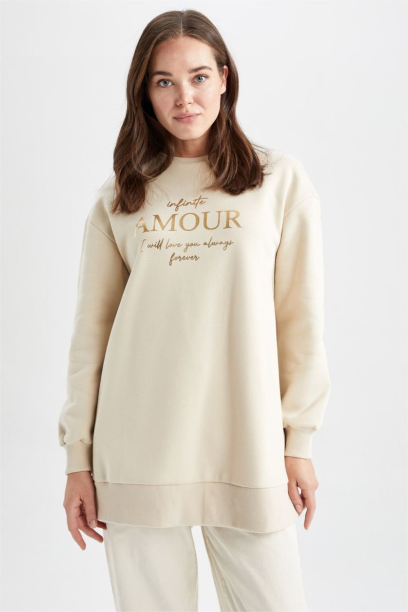 WOMAN Beige Relax Fit Crew Neck Slogan Long Sleeve Tunic