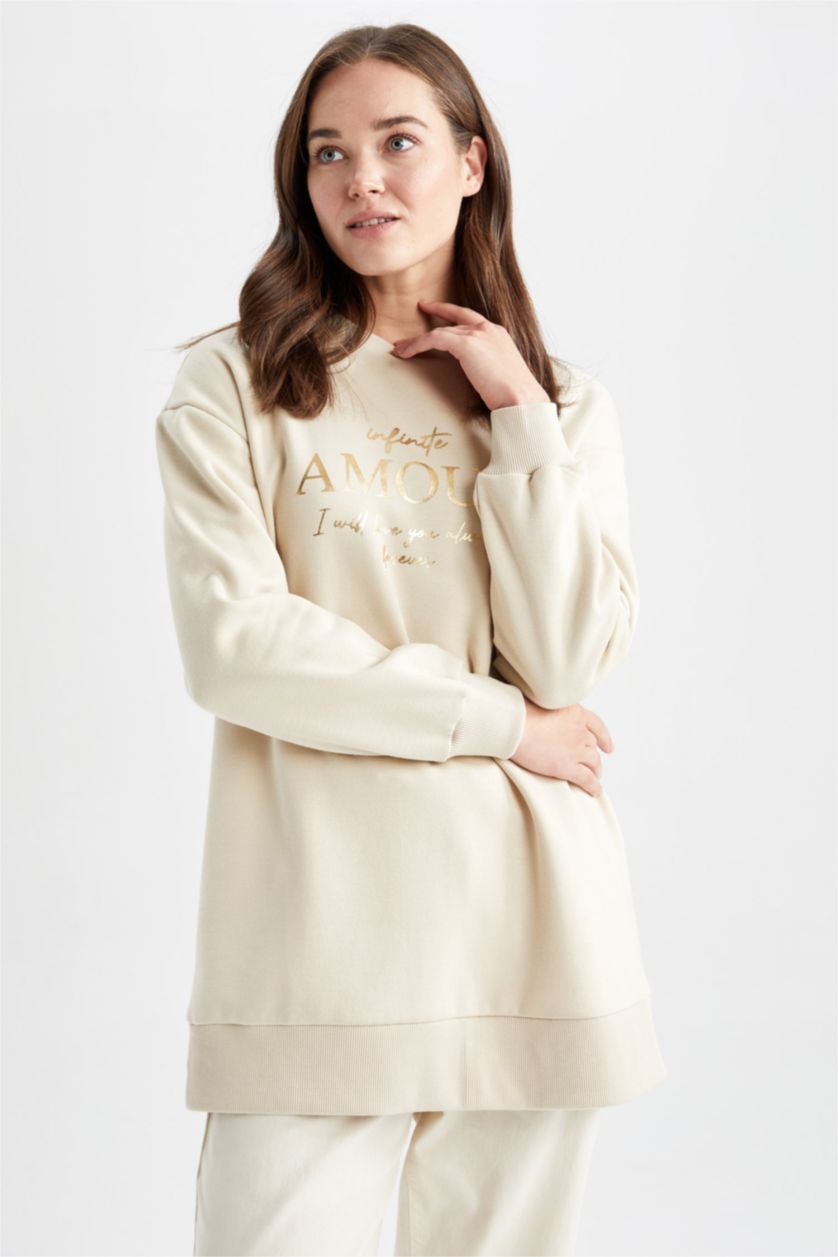 WOMAN Beige Relax Fit Crew Neck Slogan Long Sleeve Tunic