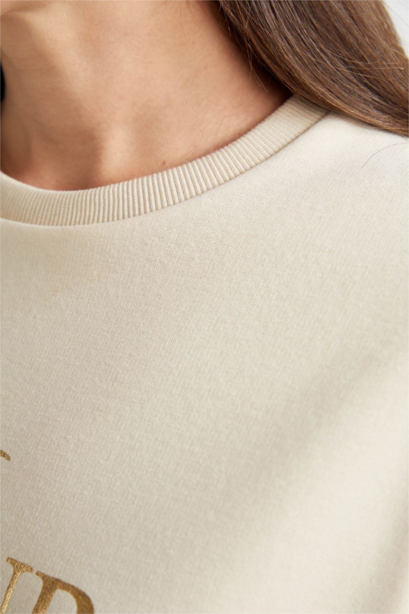 WOMAN Beige Relax Fit Crew Neck Slogan Long Sleeve Tunic