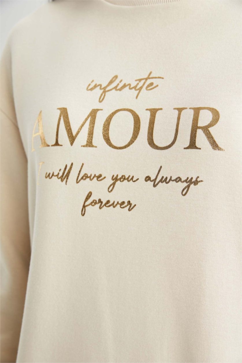 WOMAN Beige Relax Fit Crew Neck Slogan Long Sleeve Tunic