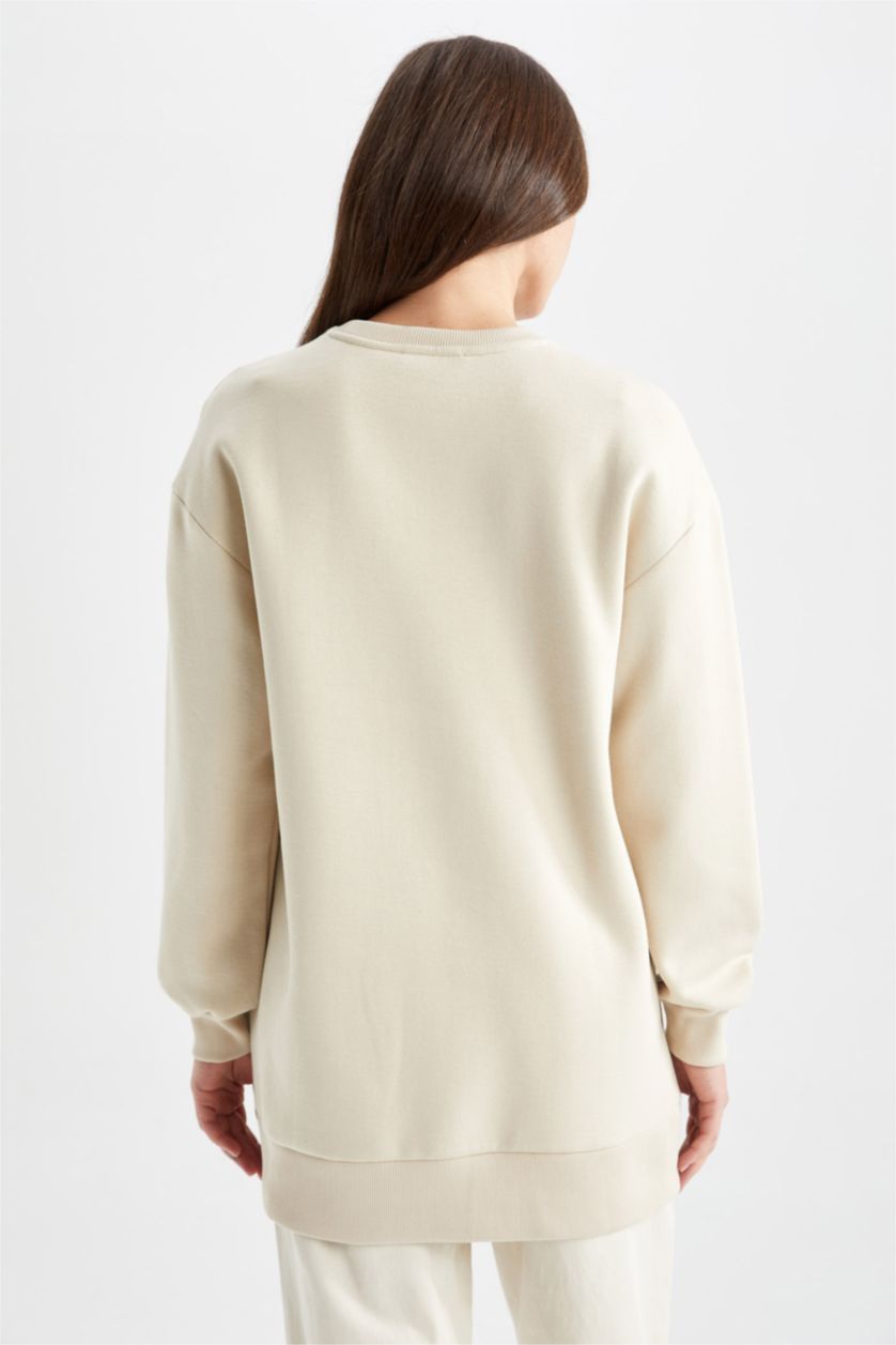 WOMAN Beige Relax Fit Crew Neck Slogan Long Sleeve Tunic