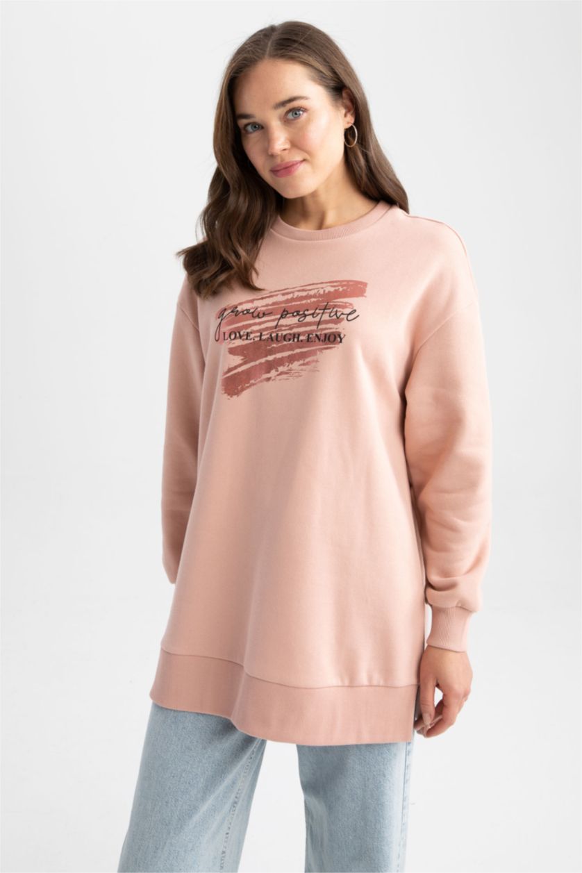 WOMAN Rose Relax Fit Crew Neck Slogan Long Sleeve Tunic