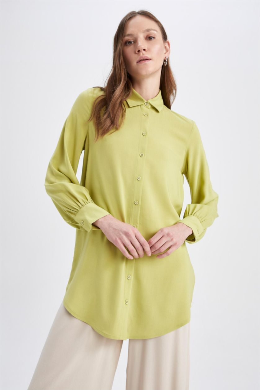 WOMAN Green Regular Fit Shirt Collar Long Sleeve Tunic