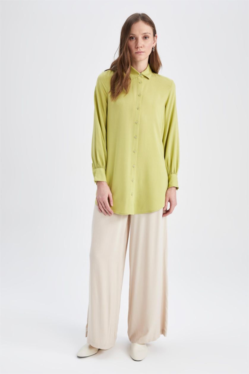 WOMAN Green Regular Fit Shirt Collar Long Sleeve Tunic