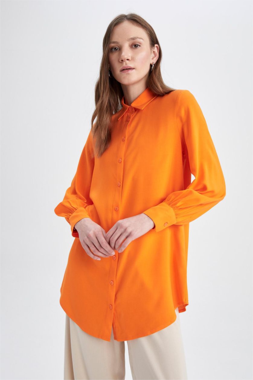 WOMAN Orange Regular Fit Shirt Collar Long Sleeve Tunic