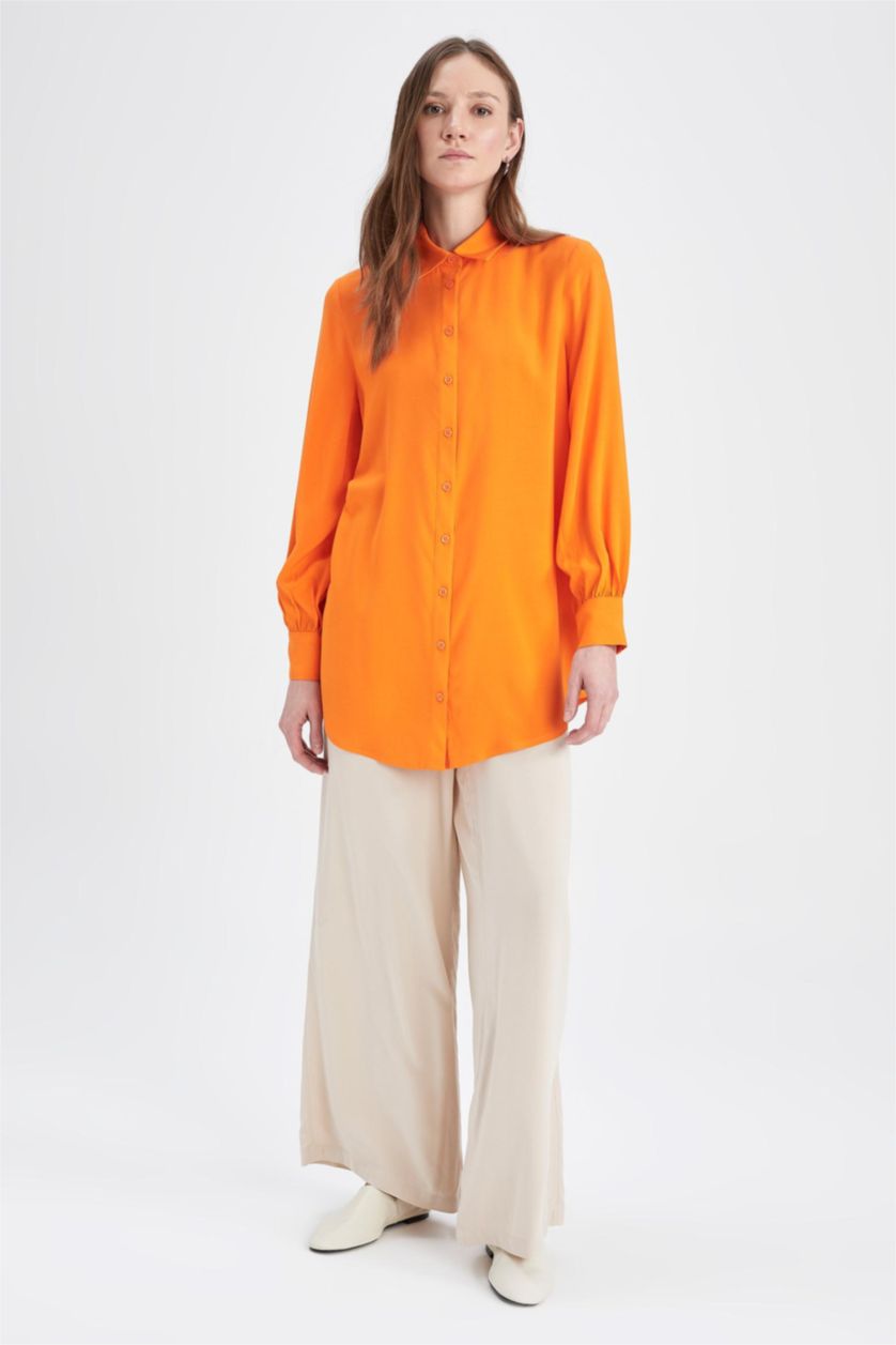 WOMAN Orange Regular Fit Shirt Collar Long Sleeve Tunic