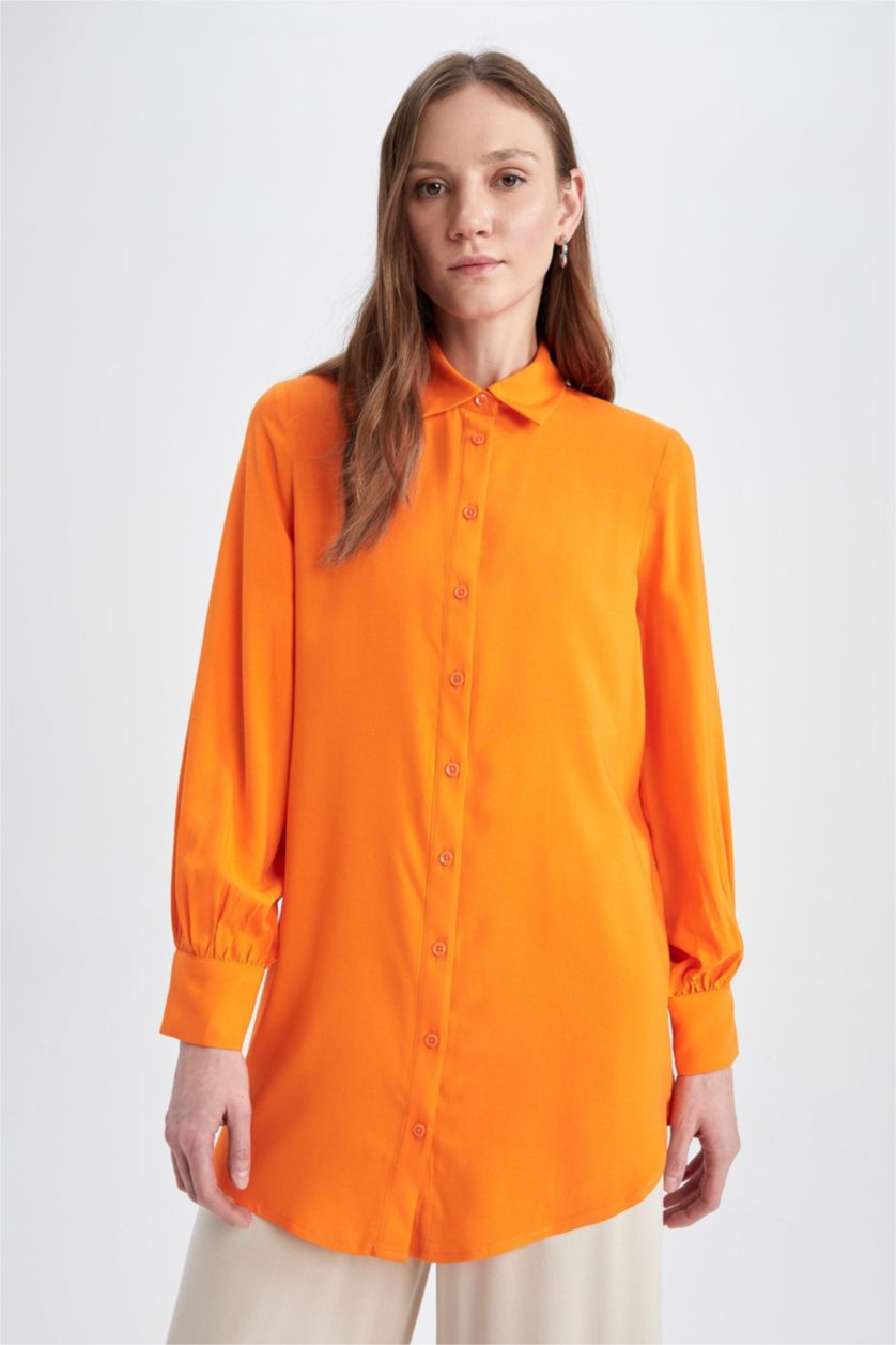 WOMAN Orange Regular Fit Shirt Collar Long Sleeve Tunic