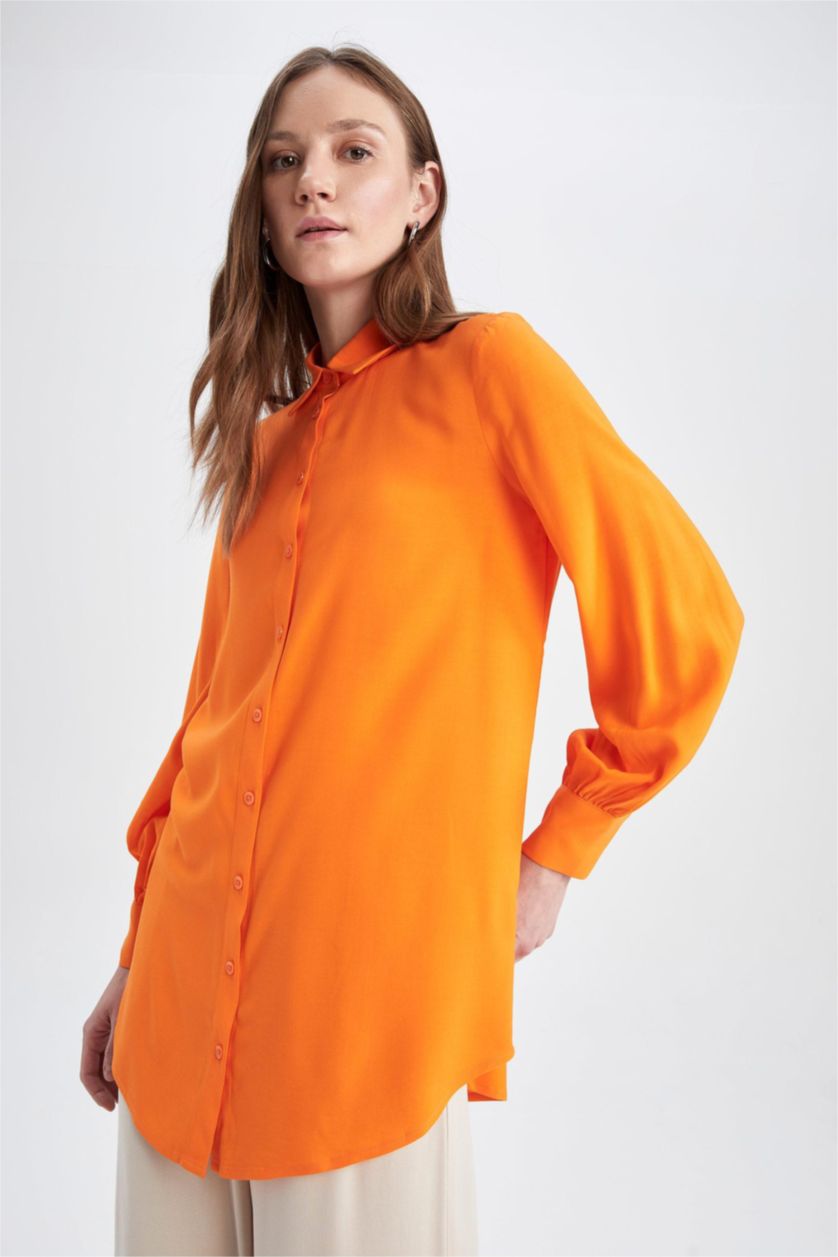 WOMAN Orange Regular Fit Shirt Collar Long Sleeve Tunic