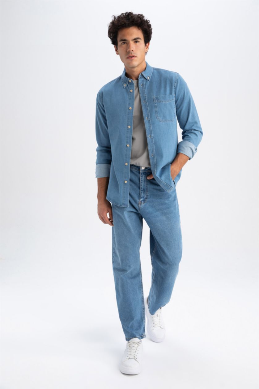 Ерлер Көк слим пішімі Ұзын жеңді көйлек