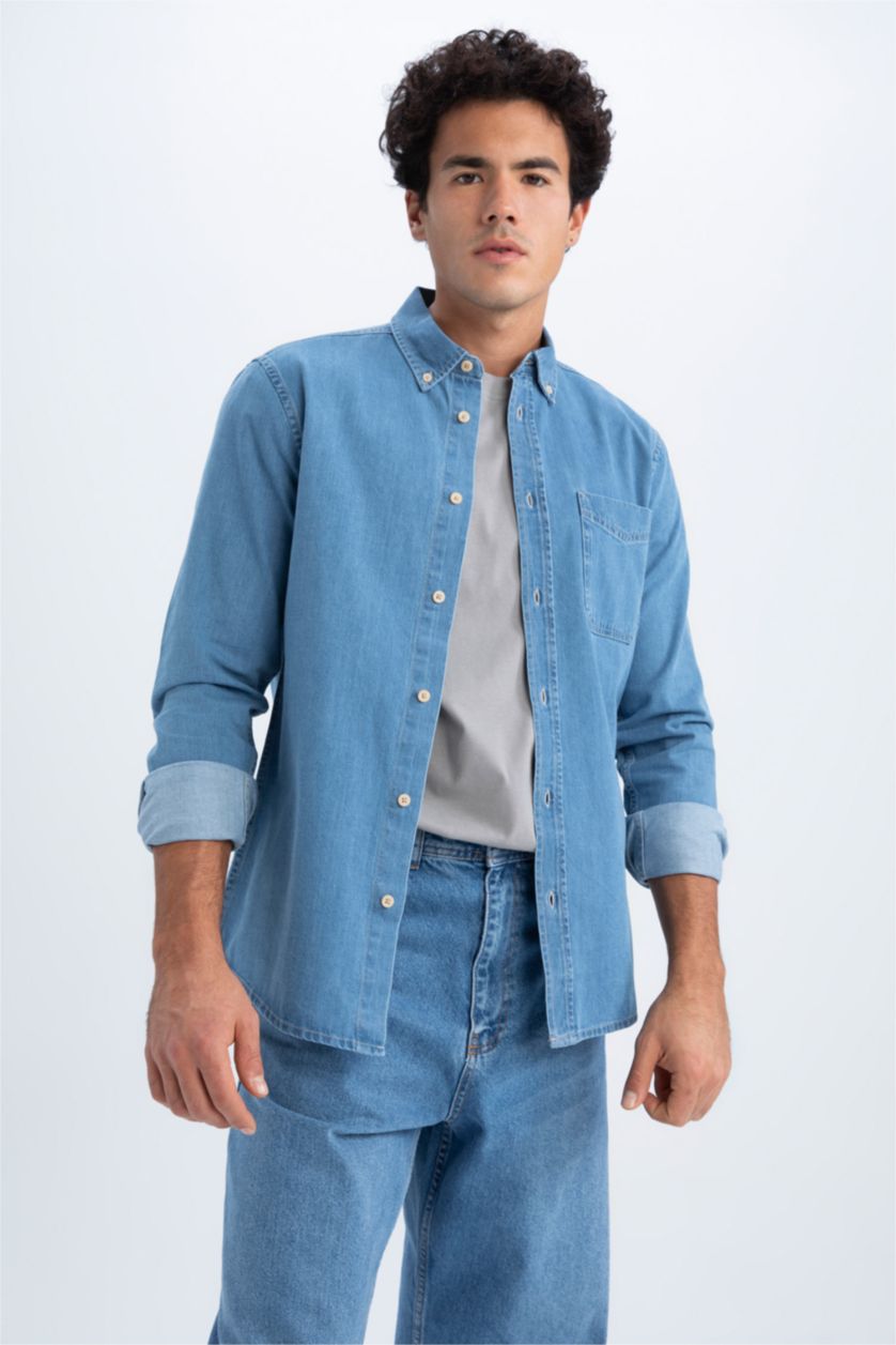 Ерлер Көк слим пішімі Ұзын жеңді көйлек