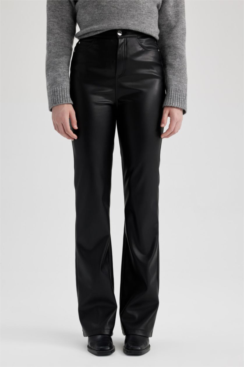 WOMAN Black Flare Faux Leather Trousers