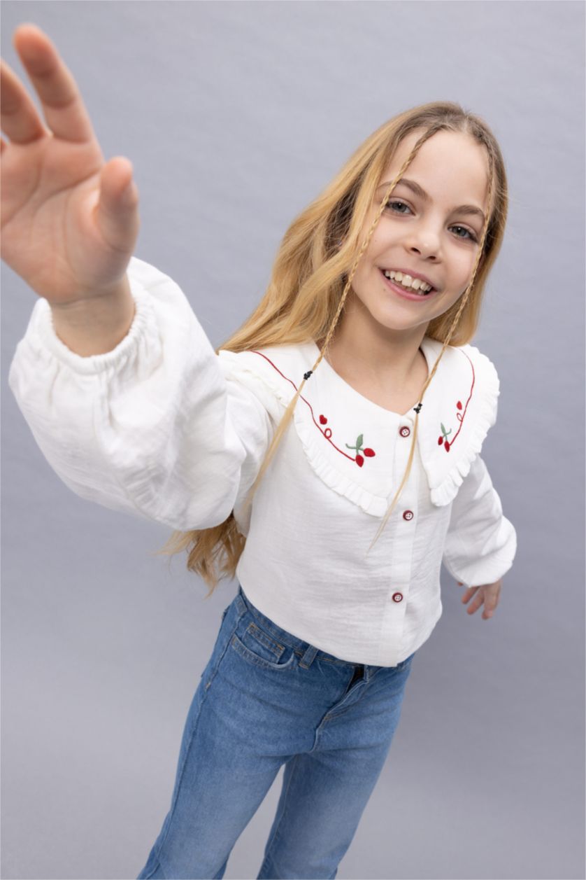 Kız Çocuk - Genç Kız Bej Kız Çocuk Büyük Yaka Müslin Uzun Kollu Gömlek