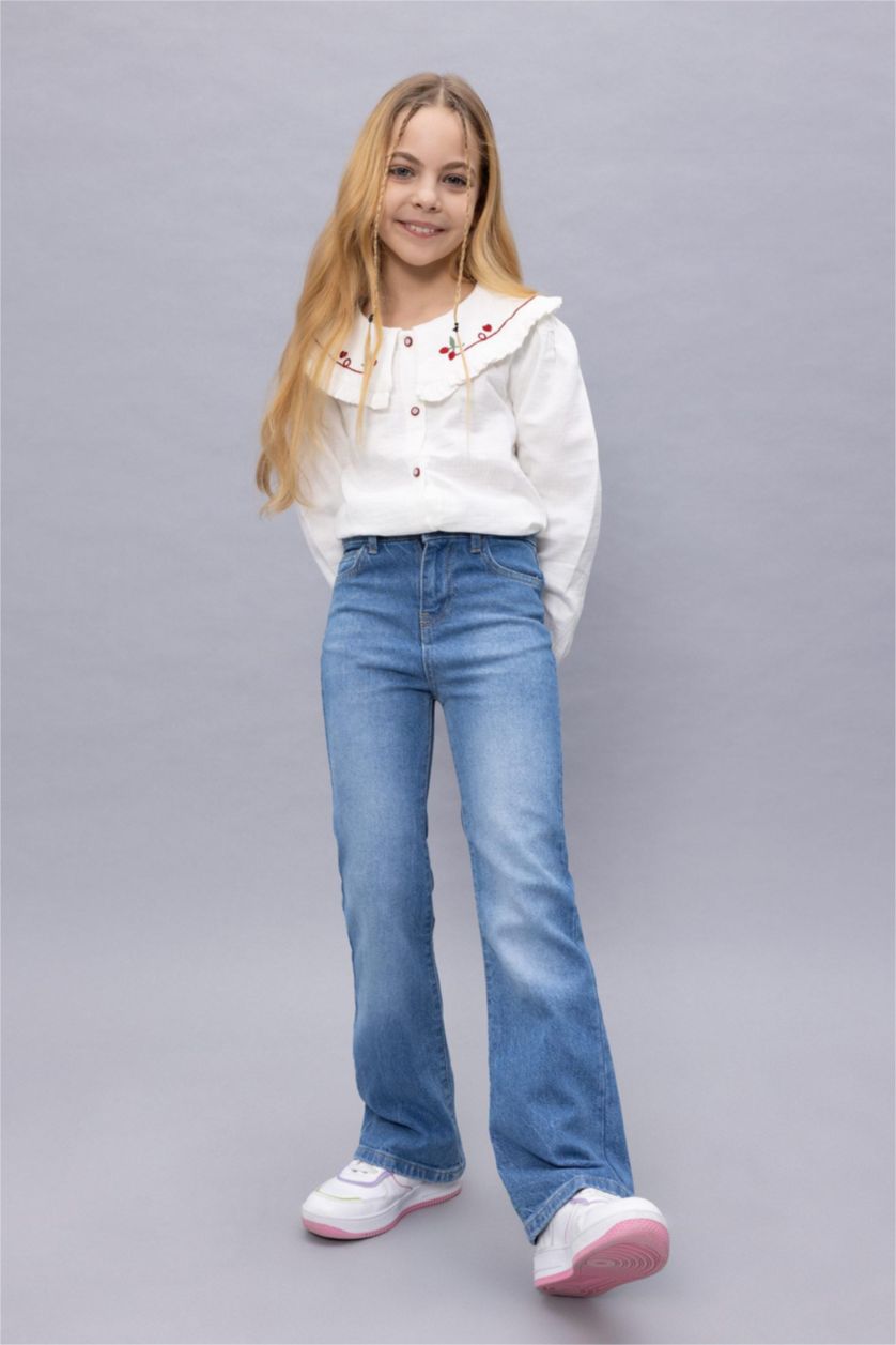 Kız Çocuk - Genç Kız Bej Kız Çocuk Büyük Yaka Müslin Uzun Kollu Gömlek