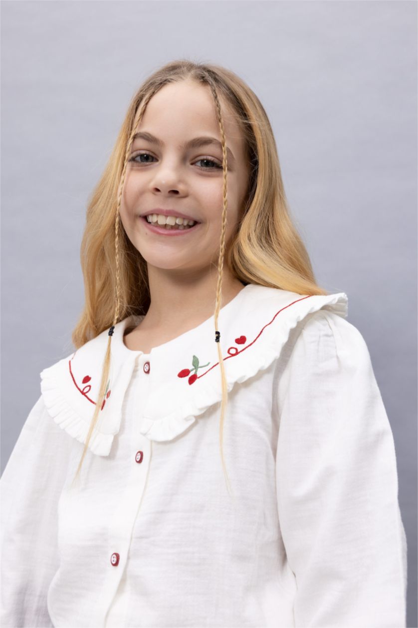 Kız Çocuk - Genç Kız Bej Kız Çocuk Büyük Yaka Müslin Uzun Kollu Gömlek