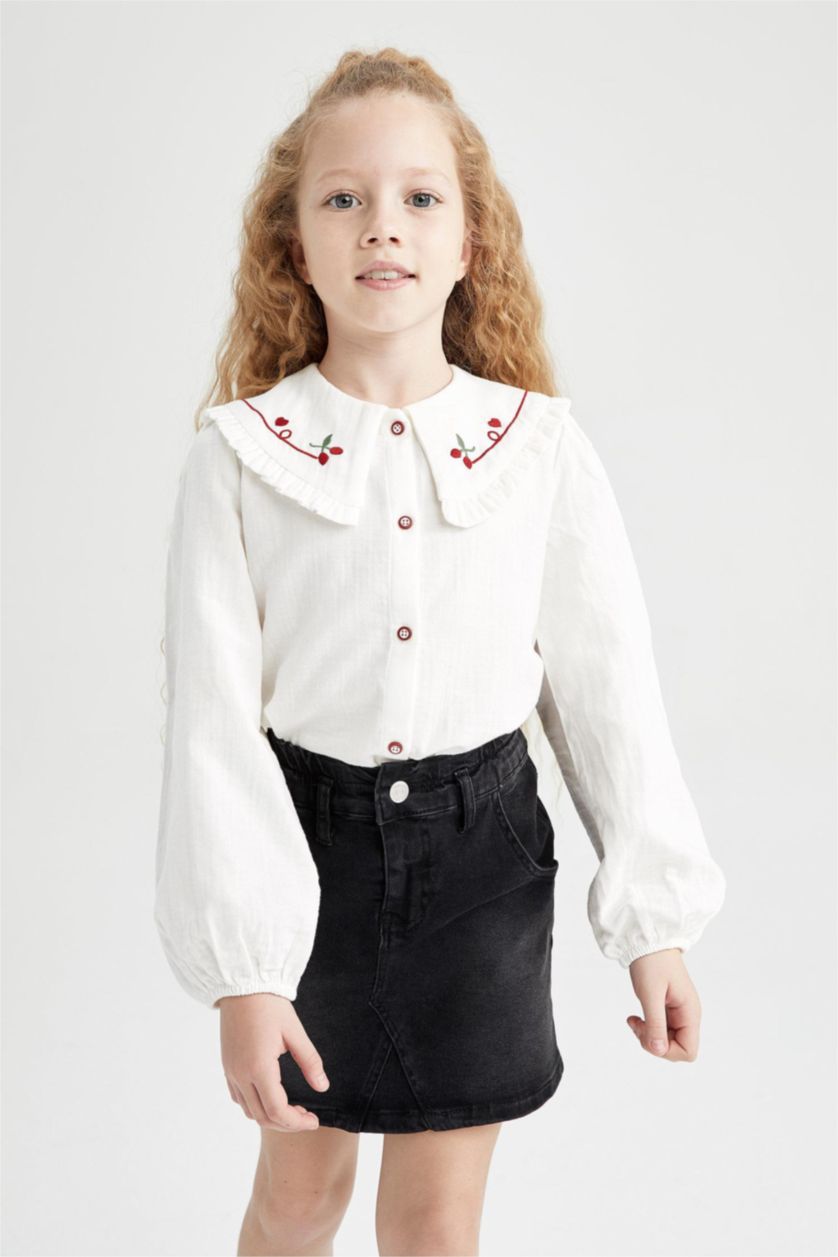 Kız Çocuk - Genç Kız Bej Kız Çocuk Büyük Yaka Müslin Uzun Kollu Gömlek