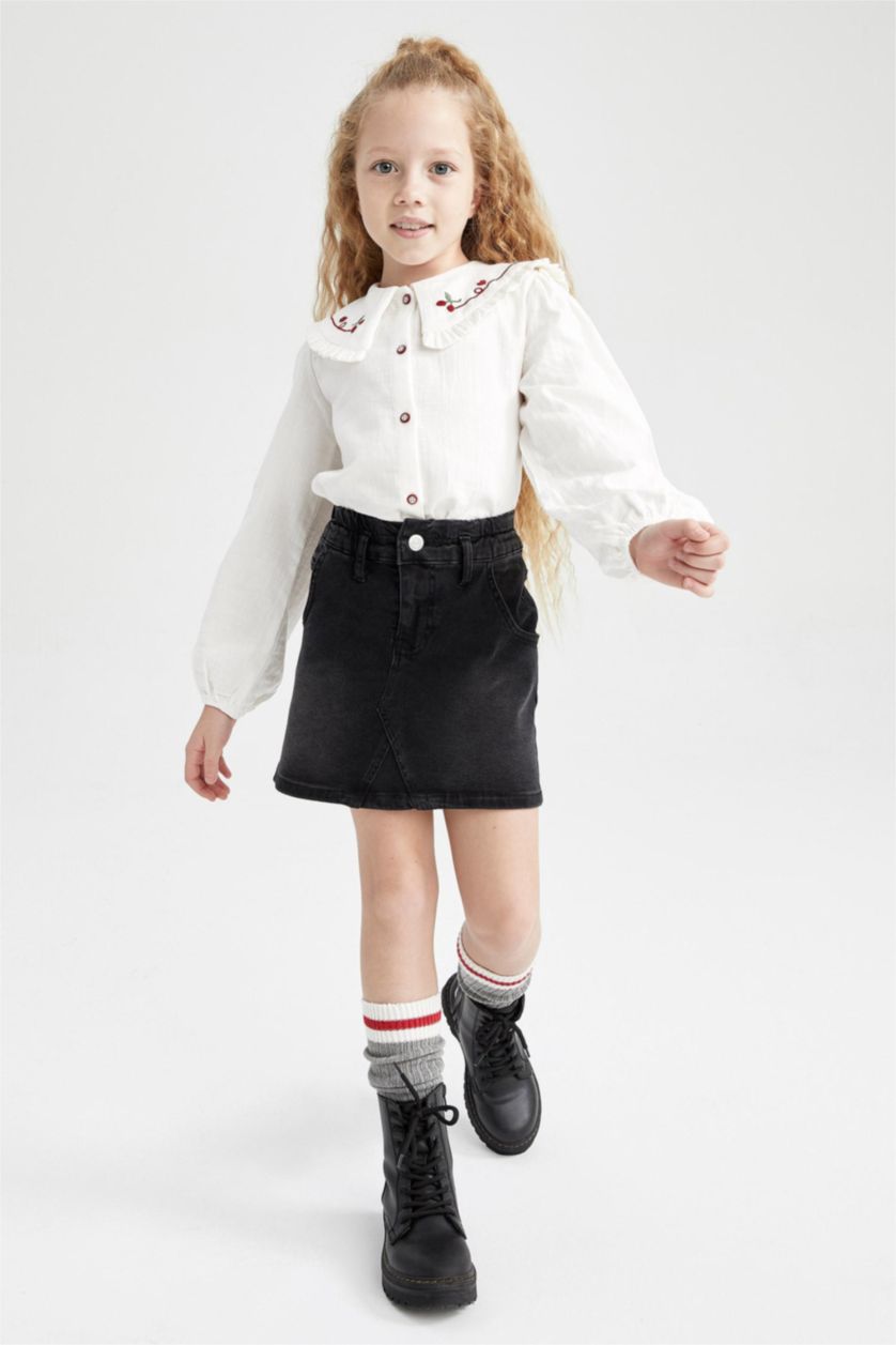 Kız Çocuk - Genç Kız Bej Kız Çocuk Büyük Yaka Müslin Uzun Kollu Gömlek