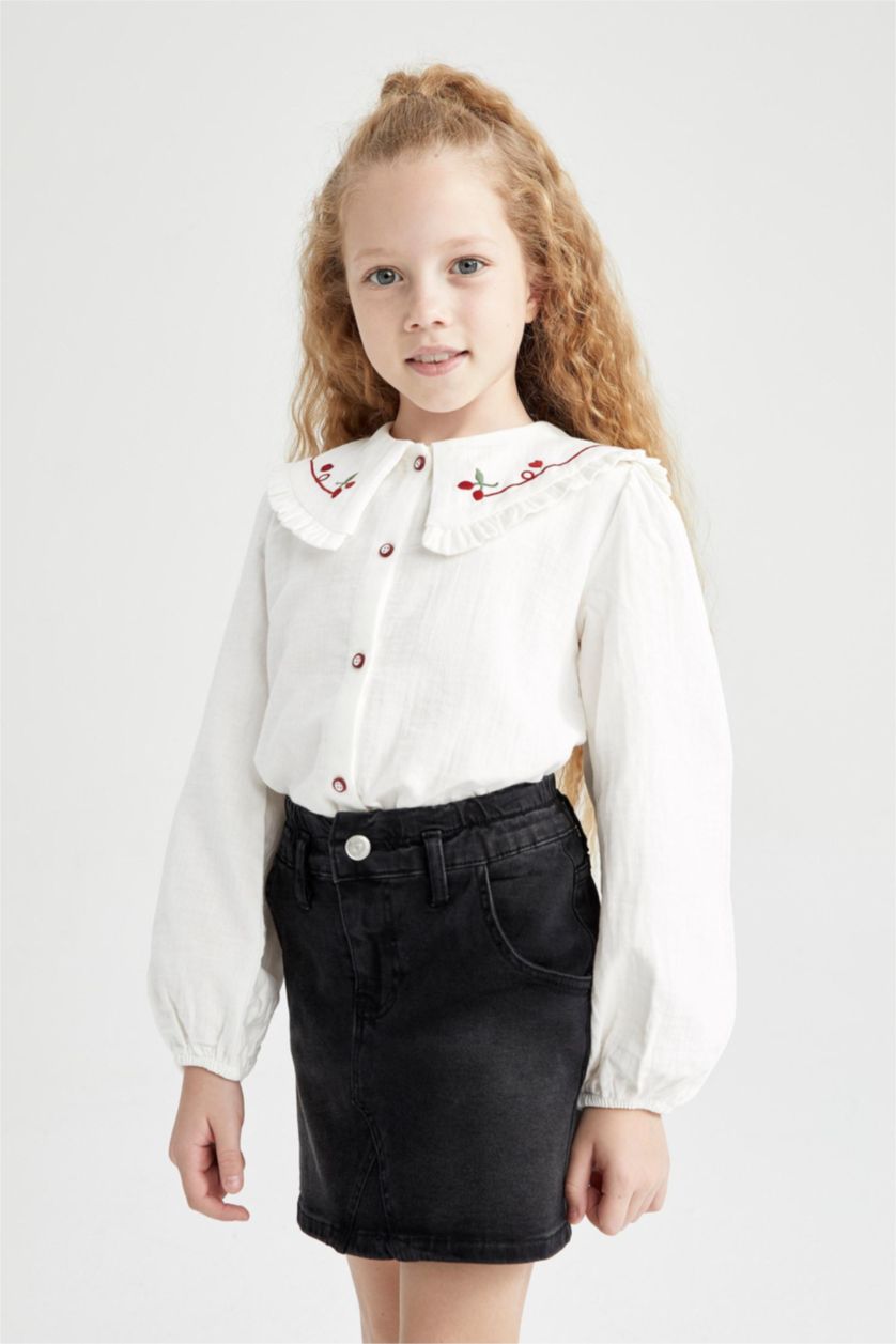 Kız Çocuk - Genç Kız Bej Kız Çocuk Büyük Yaka Müslin Uzun Kollu Gömlek