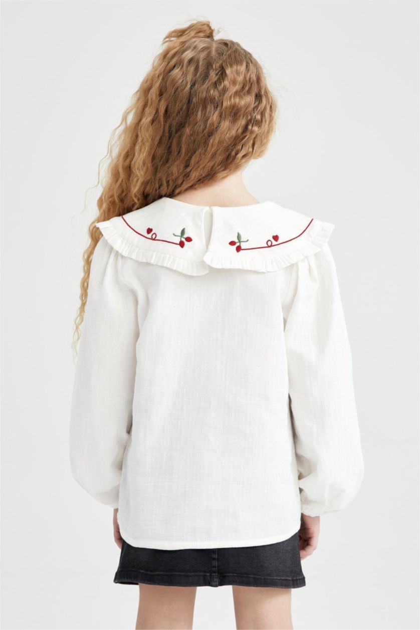 Kız Çocuk - Genç Kız Bej Kız Çocuk Büyük Yaka Müslin Uzun Kollu Gömlek