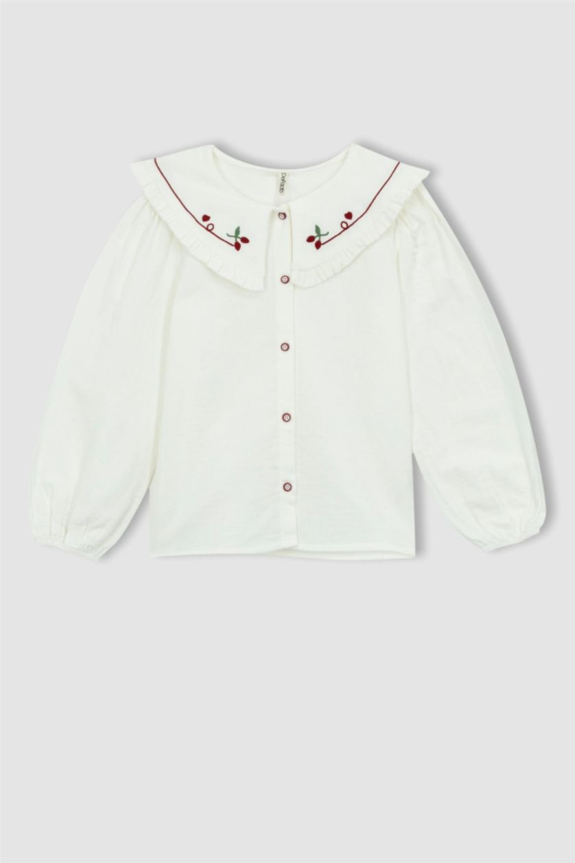 Kız Çocuk - Genç Kız Bej Kız Çocuk Büyük Yaka Müslin Uzun Kollu Gömlek