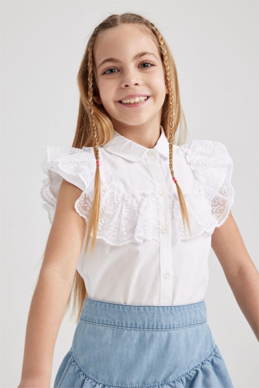 FILLES Blanc Chemise À Manches Courtes En Popeline Coupe Régulière Pour Fille