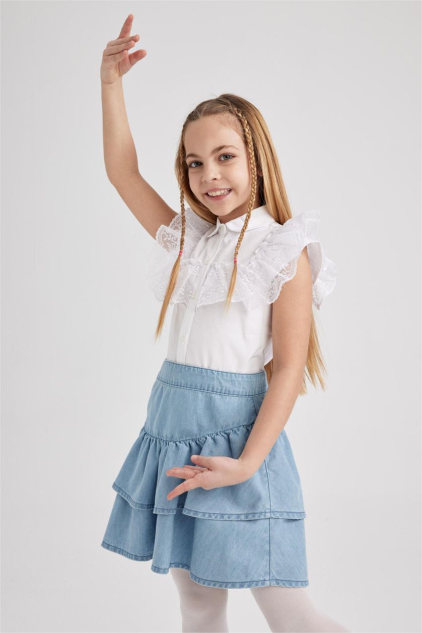 FILLES Blanc Chemise À Manches Courtes En Popeline Coupe Régulière Pour Fille