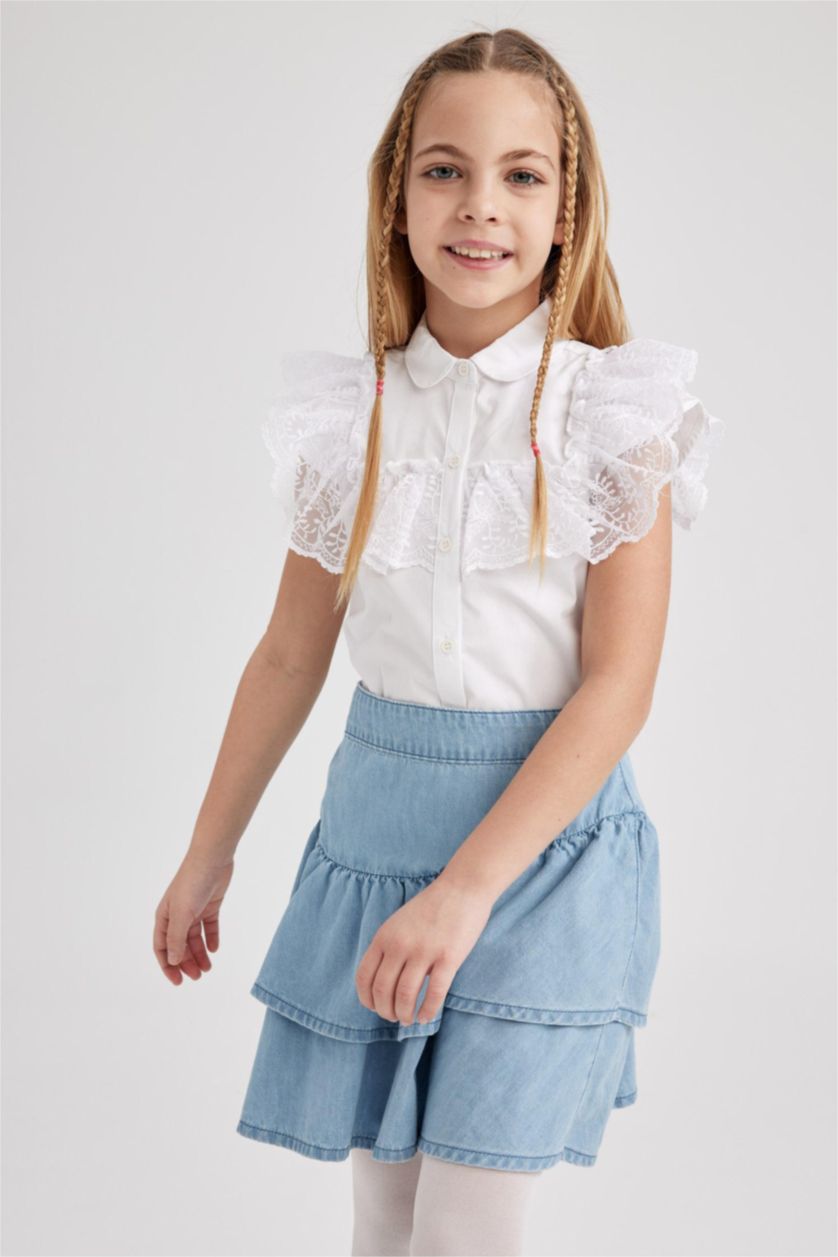 FILLES Blanc Chemise À Manches Courtes En Popeline Coupe Régulière Pour Fille