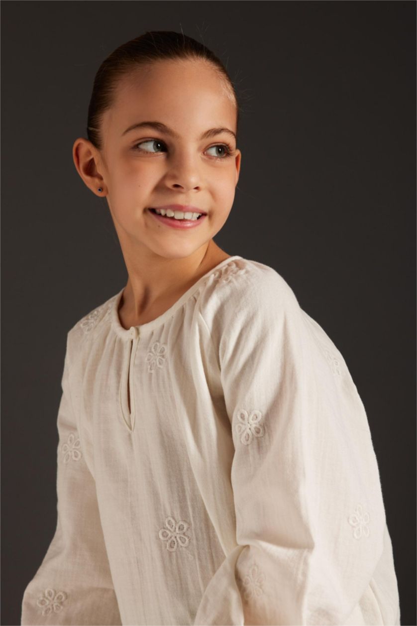 Girls & Teens Beige Girl Relax Fit Muslin Long Sleeve Blouse